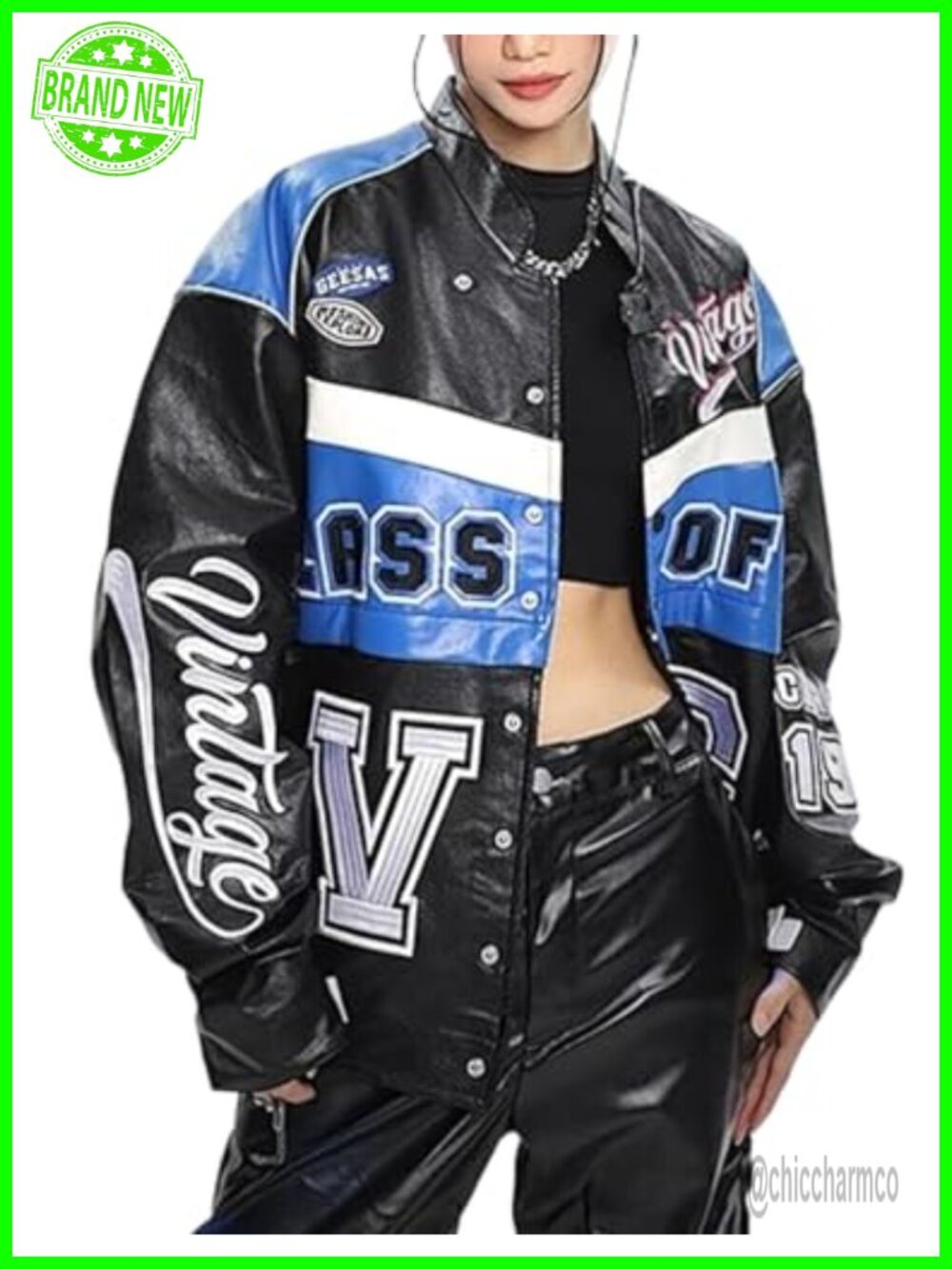 Oversized Leather Letterman Varsity Jacket Vintage Racing Bomber Coat